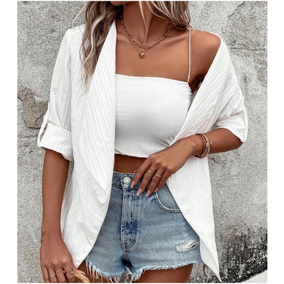 Ribbed Open front Cuffed Sleeve Blazer Jacket - Picture 10 of 12